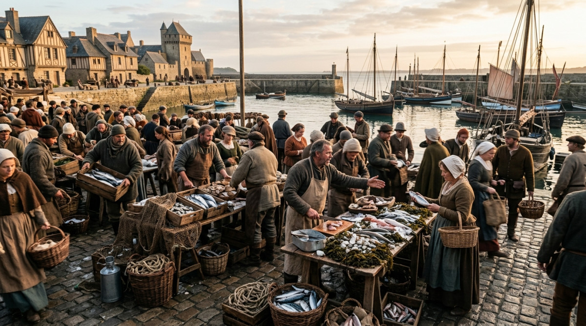 Marché aux poissons animé sur un port français traditionnel