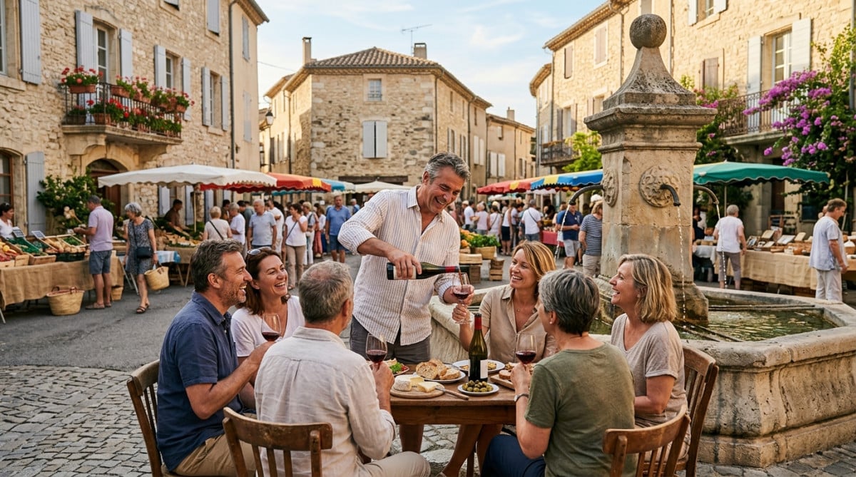 Marché de village français avec dégustation de vin