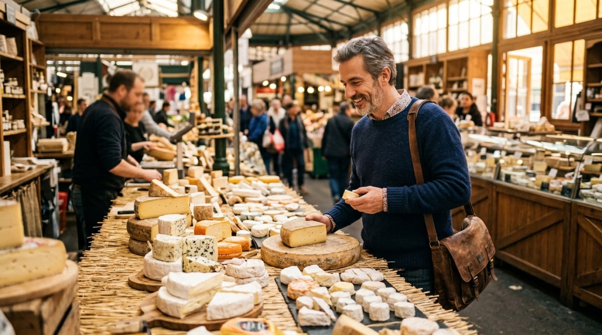 Marché parisien avec étal de fromages fermiers