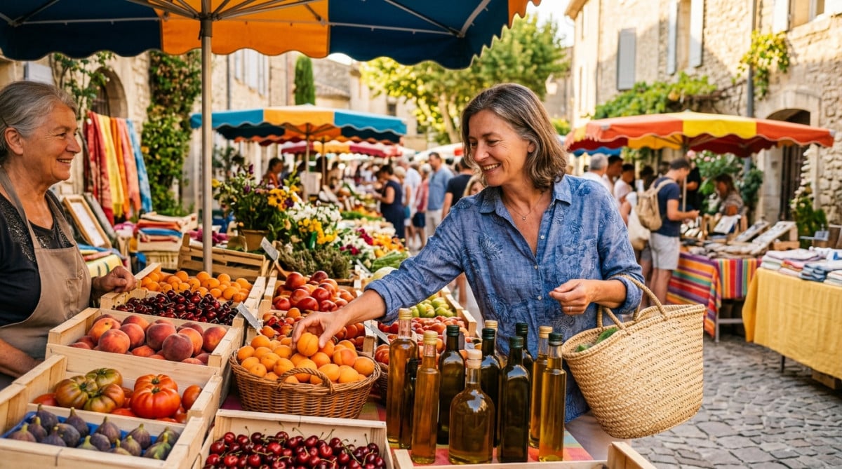 Marché provençal avec fruits et huile d'olive