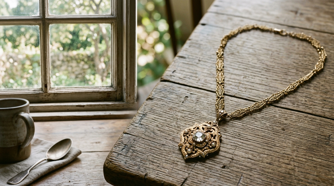 Collier ancien posé sur une table de ferme