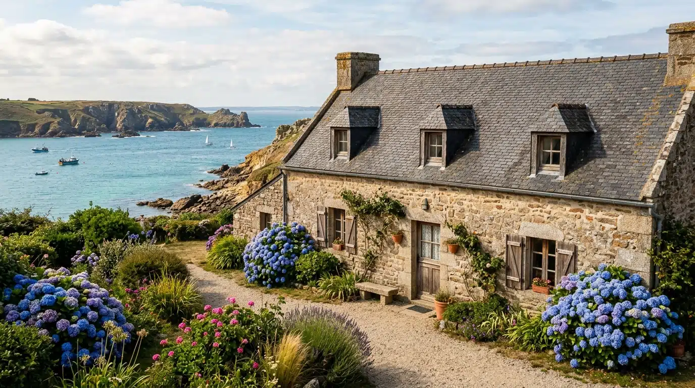 Longère bretonne traditionnelle avec hortensias en Bretagne