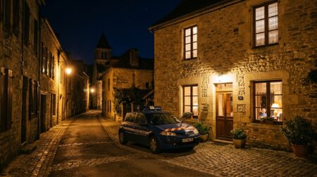Maison de village dans la Marne éclairée la nuit