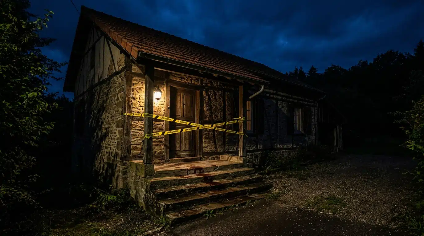 Perron d'une maison tâché de sang après un drame
