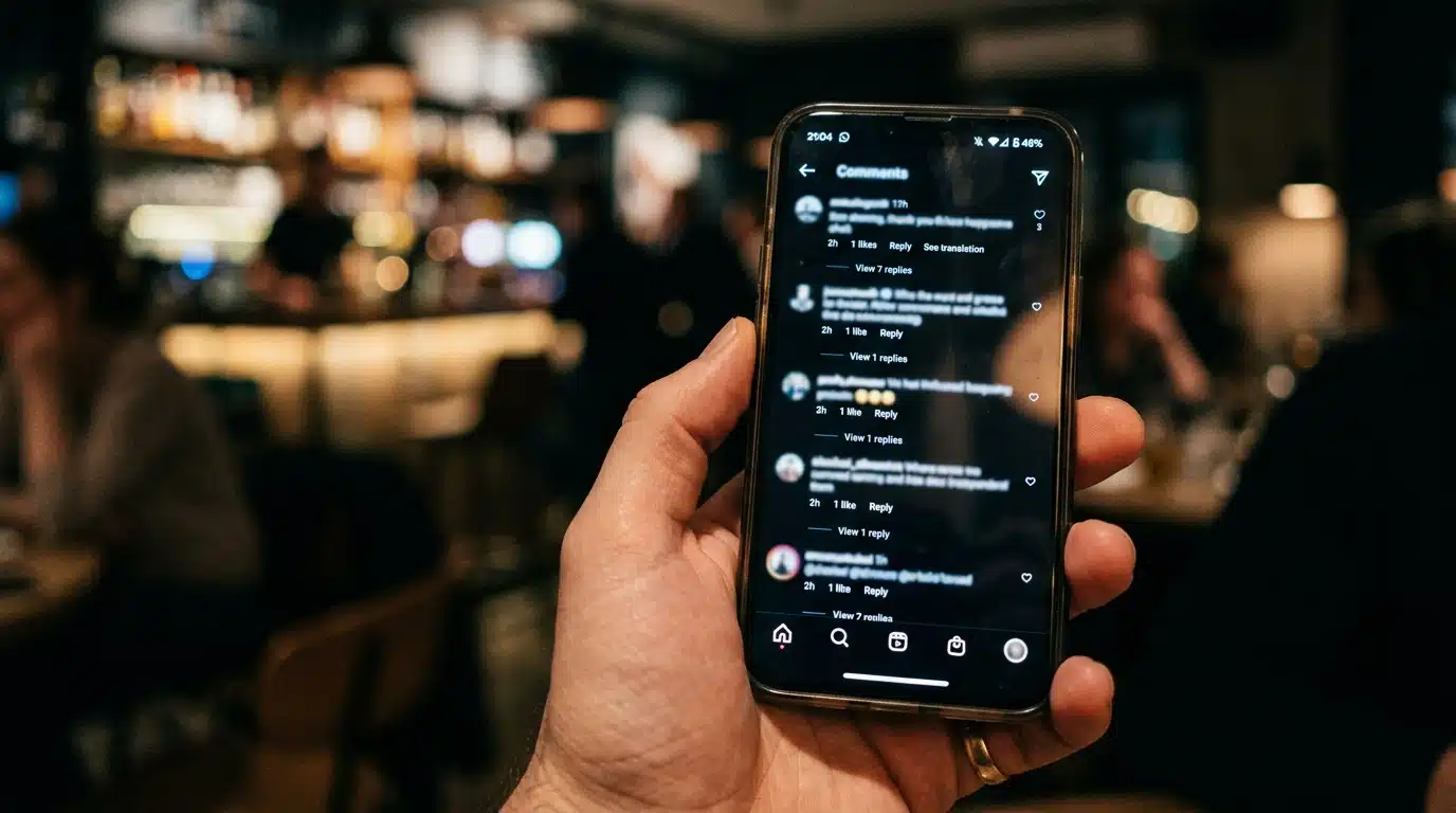 Smartphone flouté affichant un fil de commentaires