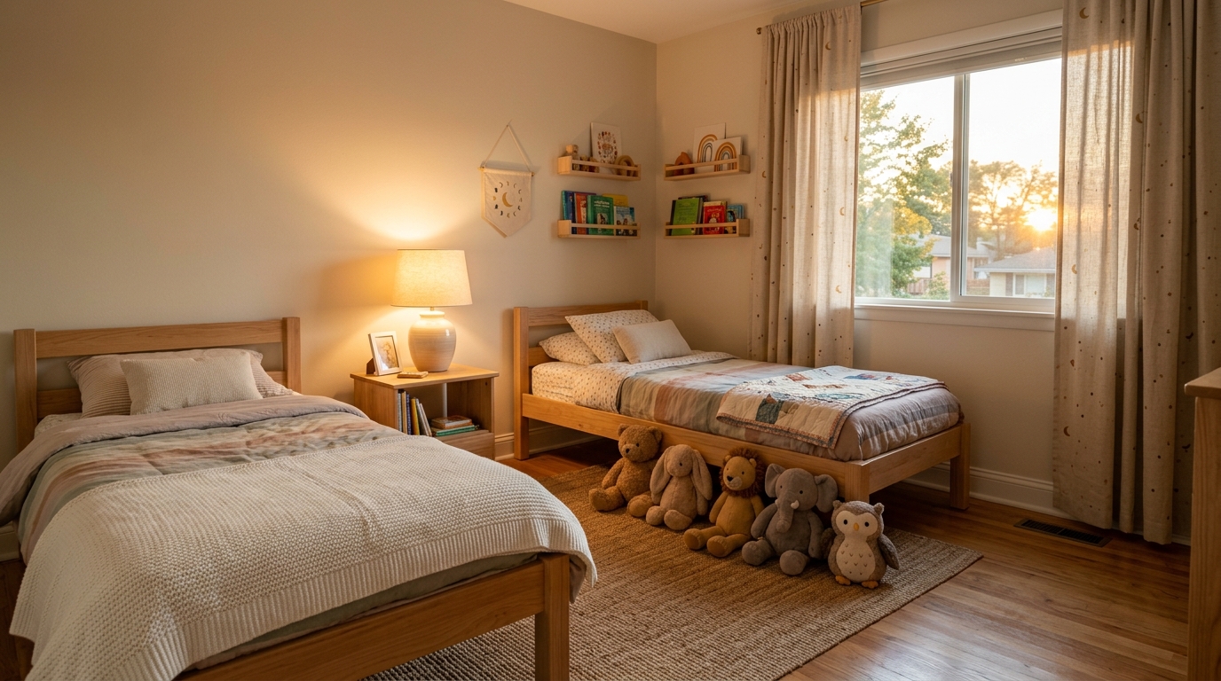 Chambre d'enfant vide avec lits et peluches au sol