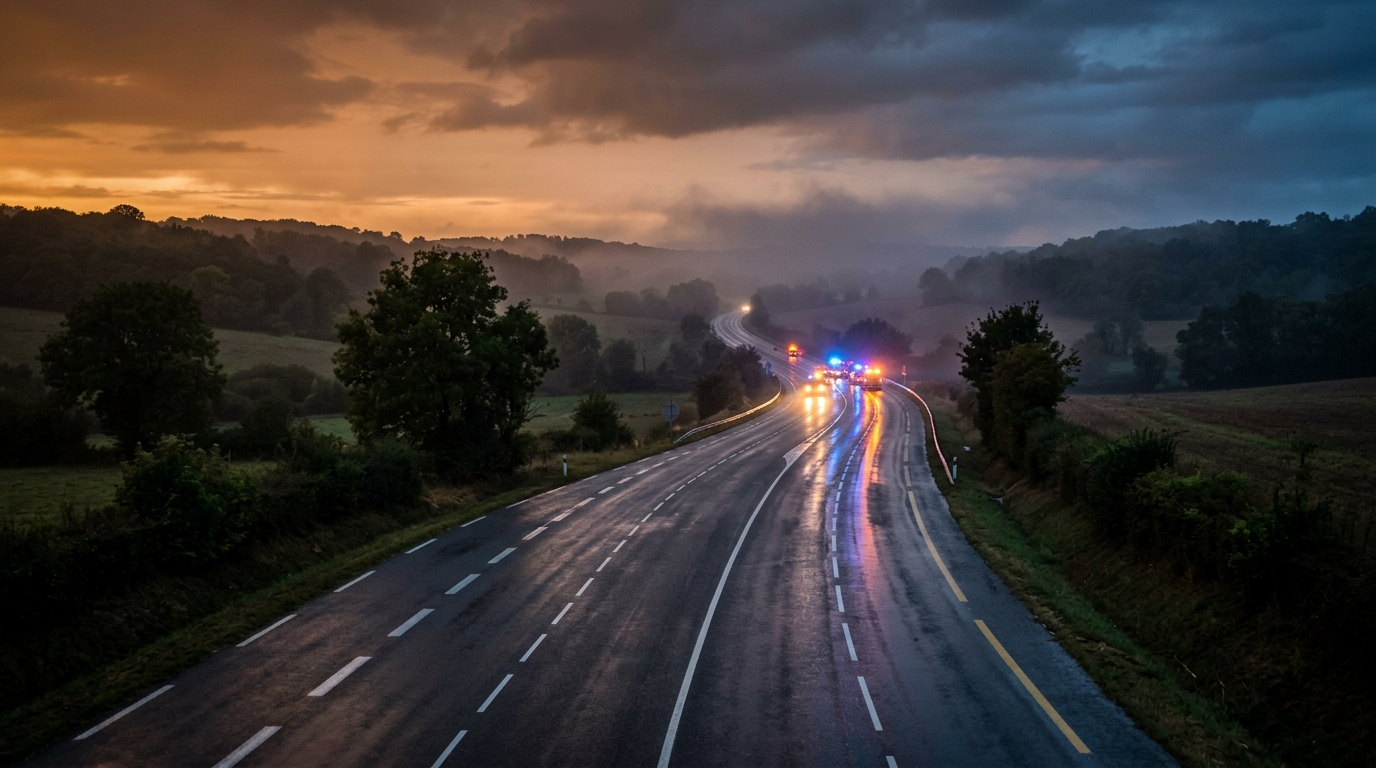 Route départementale déserte au crépuscule avec lumières de secours