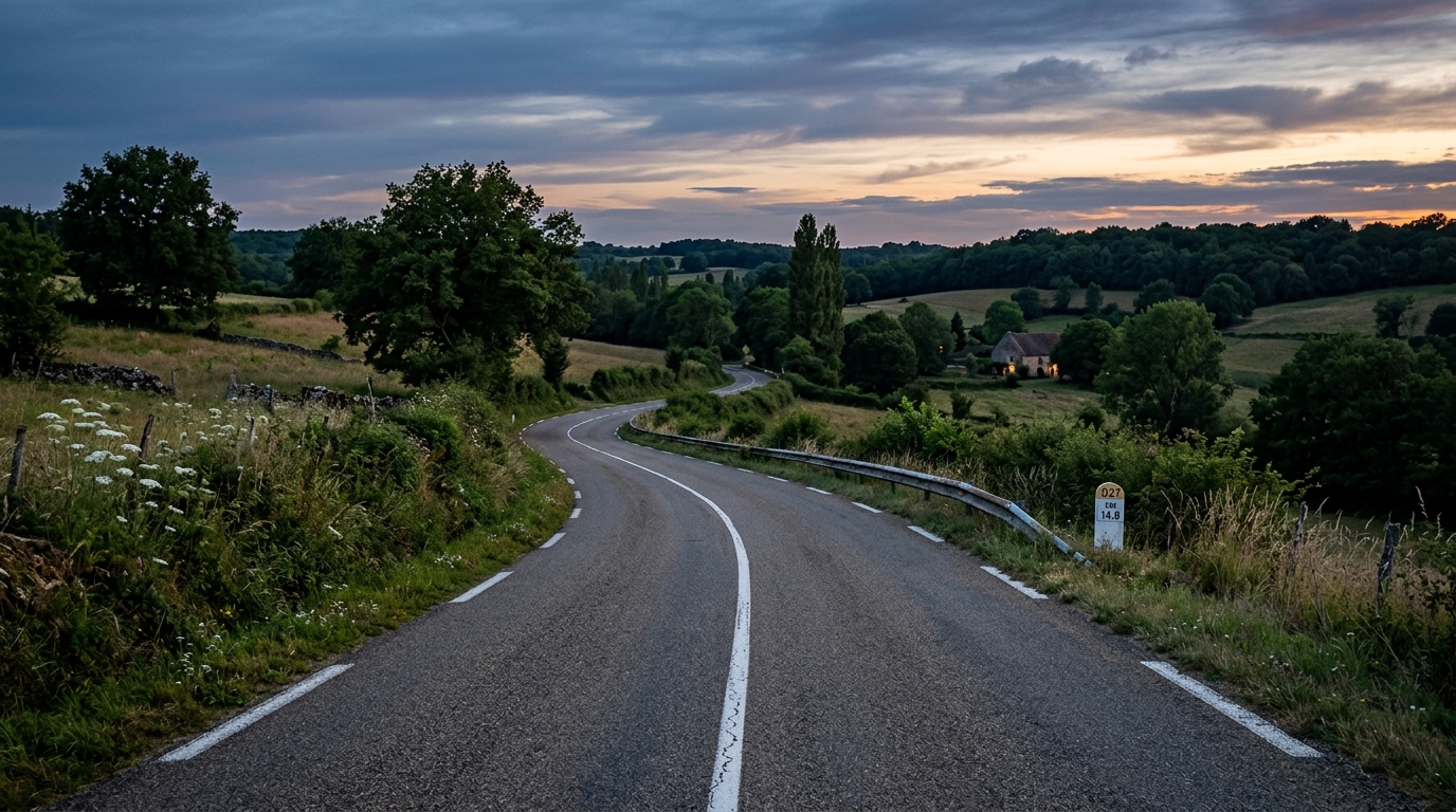 Route de campagne déserte au crépuscule