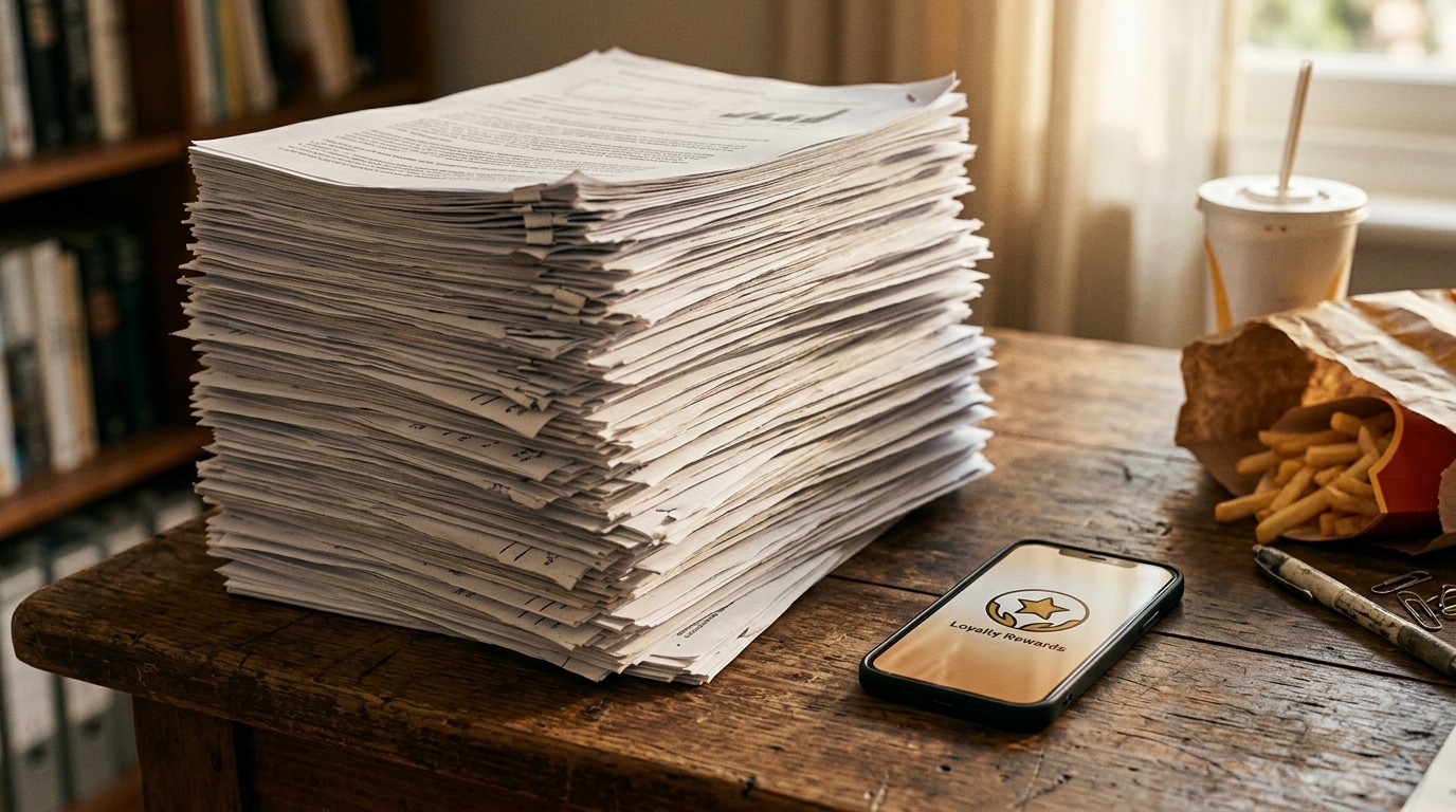 Pile de documents imprimés à côté de frites et soda