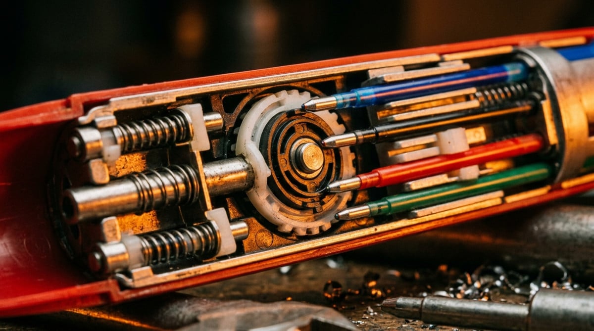 Mécanisme interne du stylo Bic 4 couleurs en gros plan