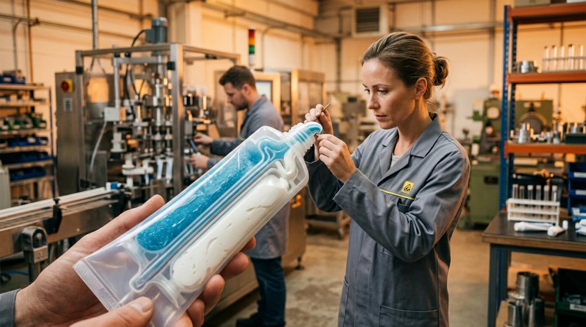 Mécanisme interne d'un tube de dentifrice à deux compartiments