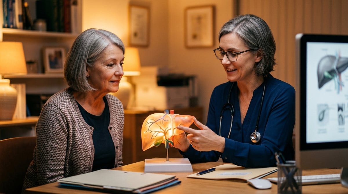 Médecin expliquant le fonctionnement du foie à un patient