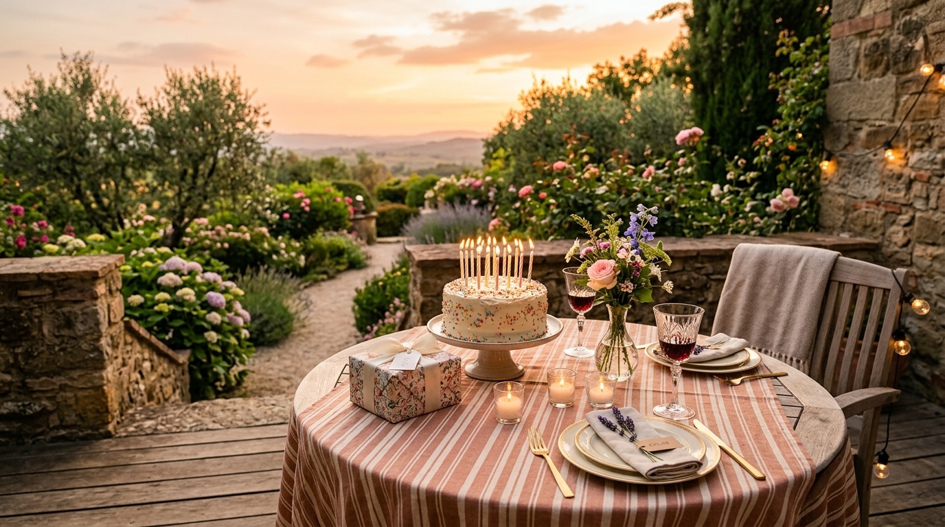 Table en terrasse préparée pour une surprise d'anniversaire au coucher du soleil