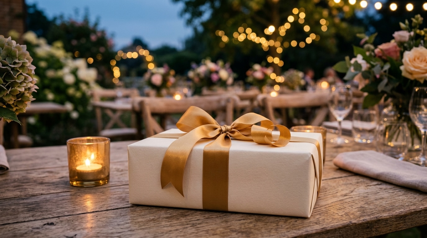 Cadeau élégant emballé avec ruban doré à la bougie