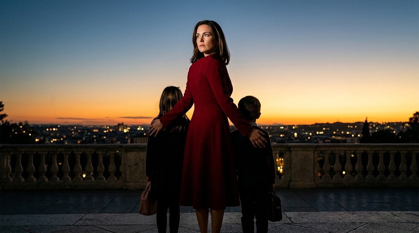 Femme protégeant symboliquement sa famille dans une lumière chaude