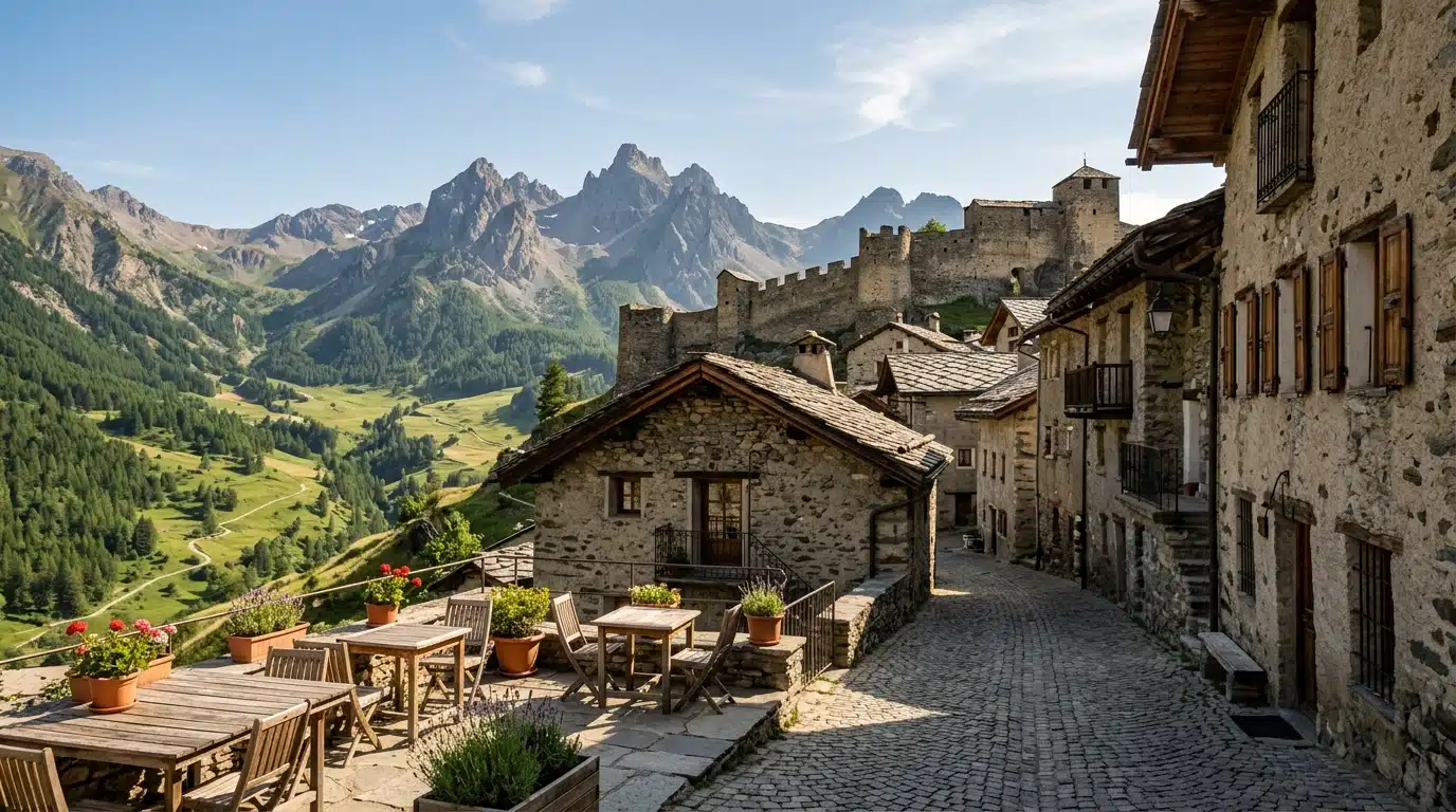 Ruelle fortifiée en pierre avec vue sur sommets alpins