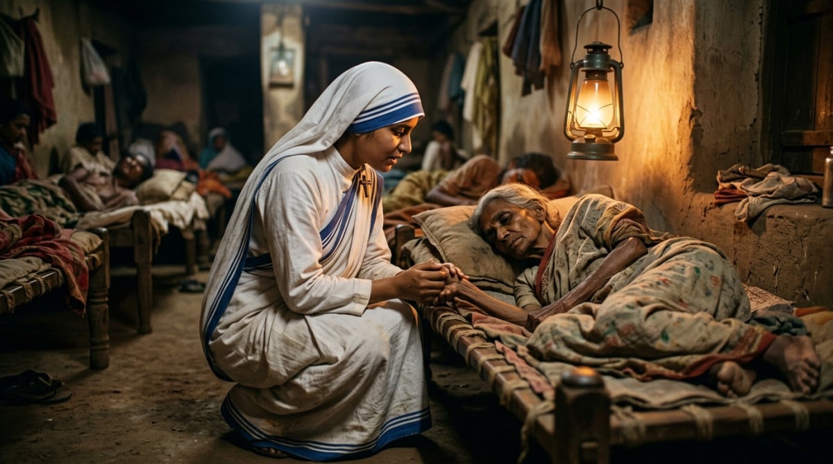 Mère Teresa aidant un malade à Calcutta
