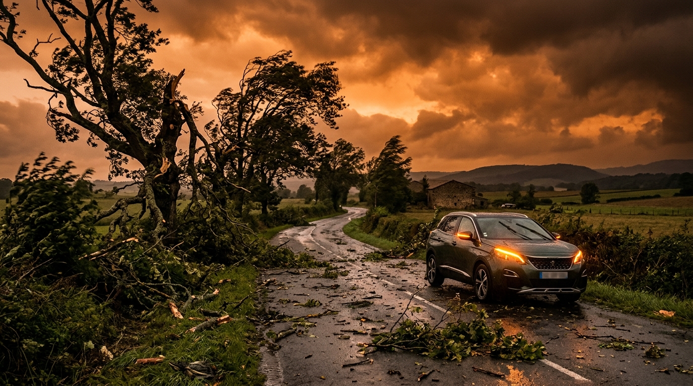 Arbres pliés par le vent lors d'une tempête en France