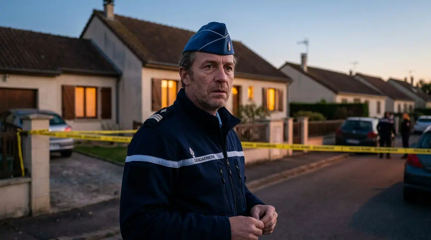 Gendarme devant une maison au crépuscule