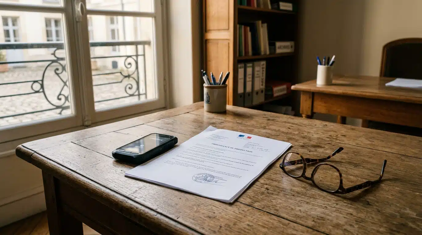 Document juridique et téléphone sur une table