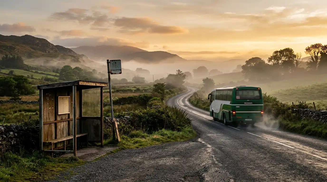Arrêt de bus à l'aube sur une route de campagne irlandaise