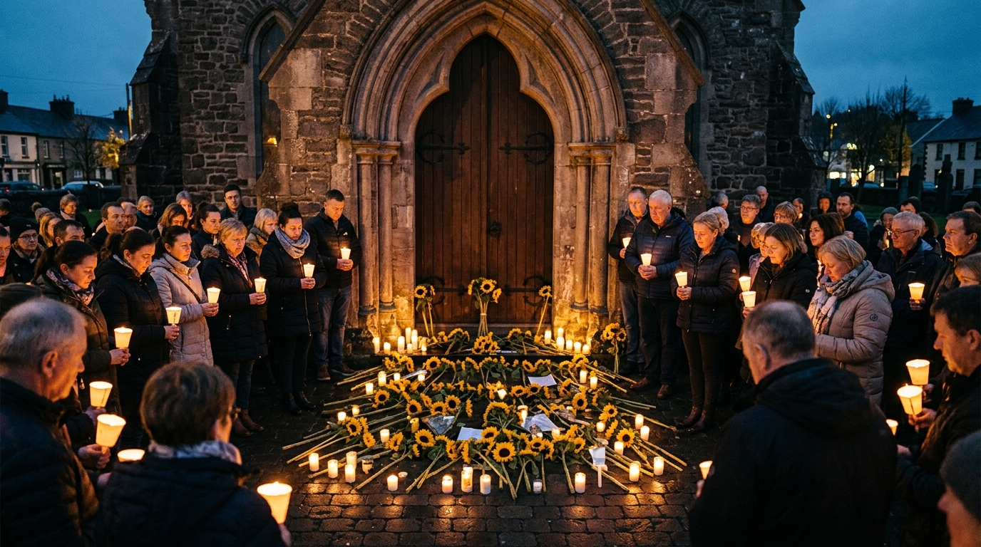 Tournesols déposés devant une cathédrale en hommage