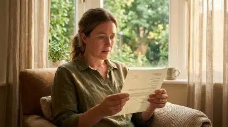 Femme souriante tenant une lettre à la fenêtre