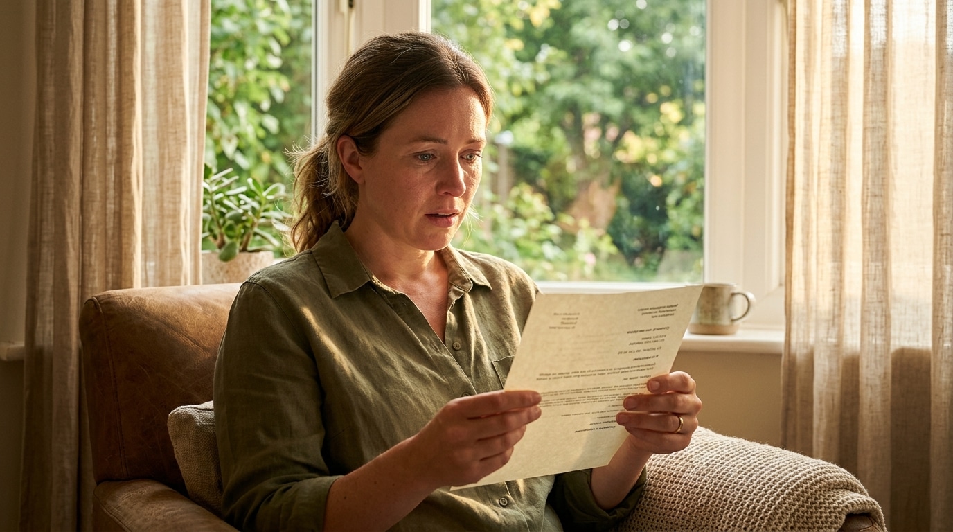 Femme souriante tenant une lettre à la fenêtre