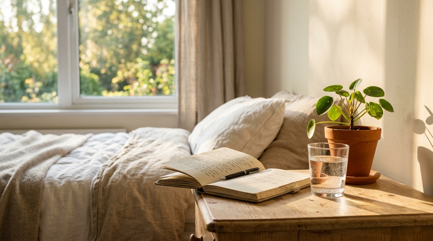 Table de chevet avec carnet et plante en été