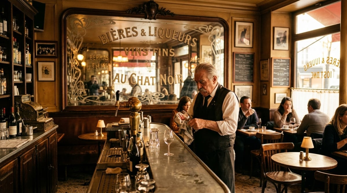Miroir traditionnel accroché au fond d'un bistrot parisien