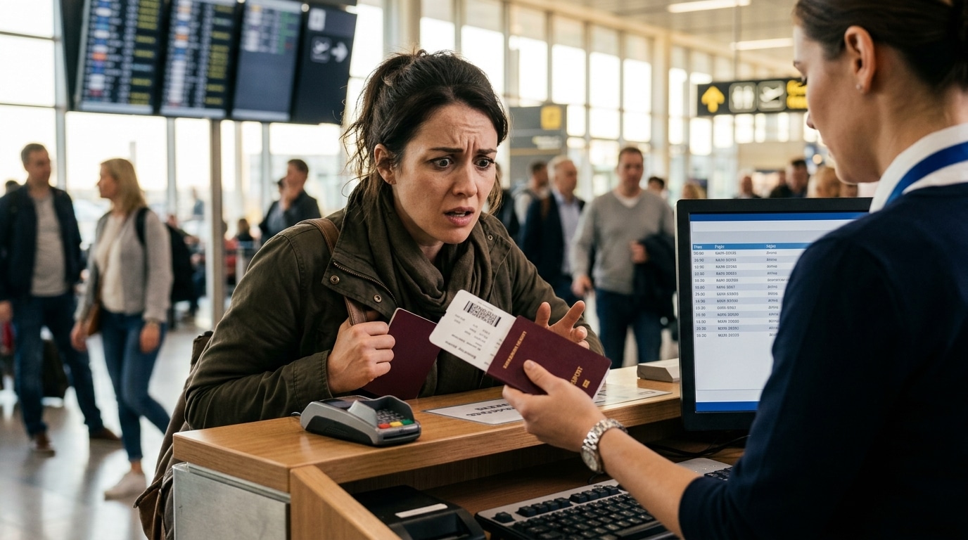 Voyageur stupéfait au comptoir d'embarquement de l'aéroport