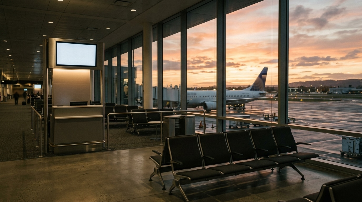 Salle d'attente d'aéroport vide face à un avion