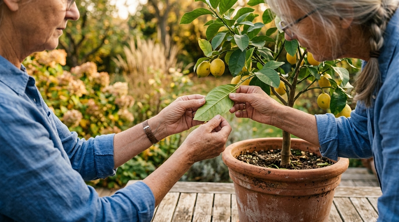 Main inspectant une feuille de citronnier en pot