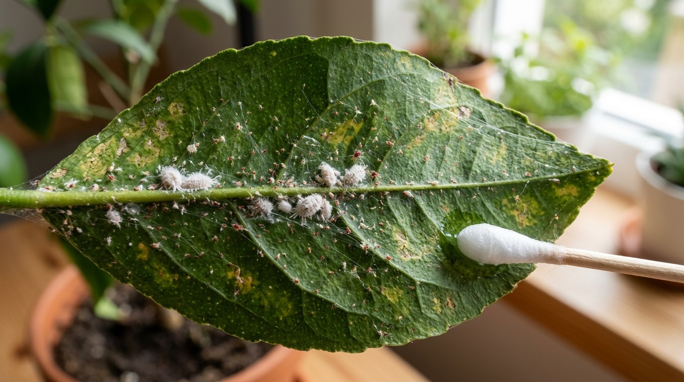 Gros plan sur cochenilles sous une feuille d'agrume