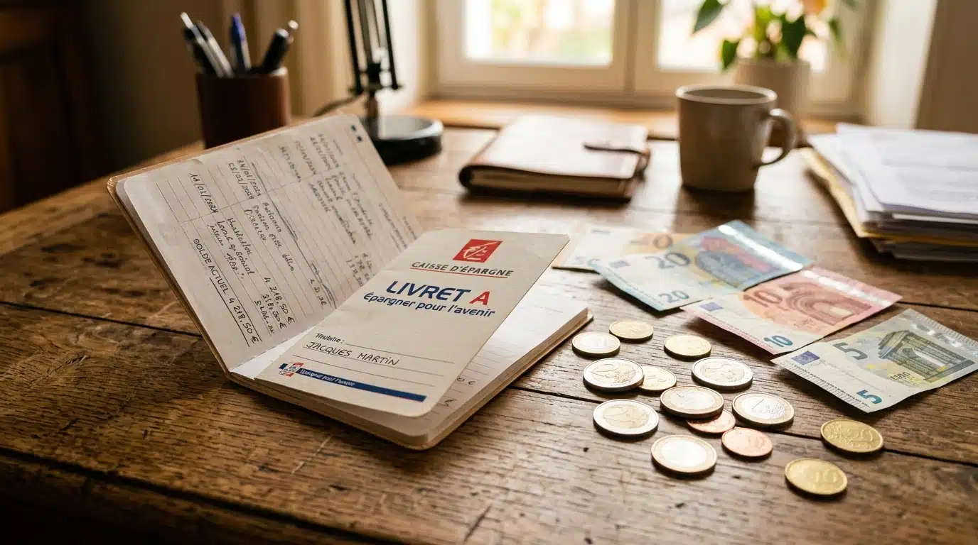 Livret d'épargne et billets euros sur bureau en bois