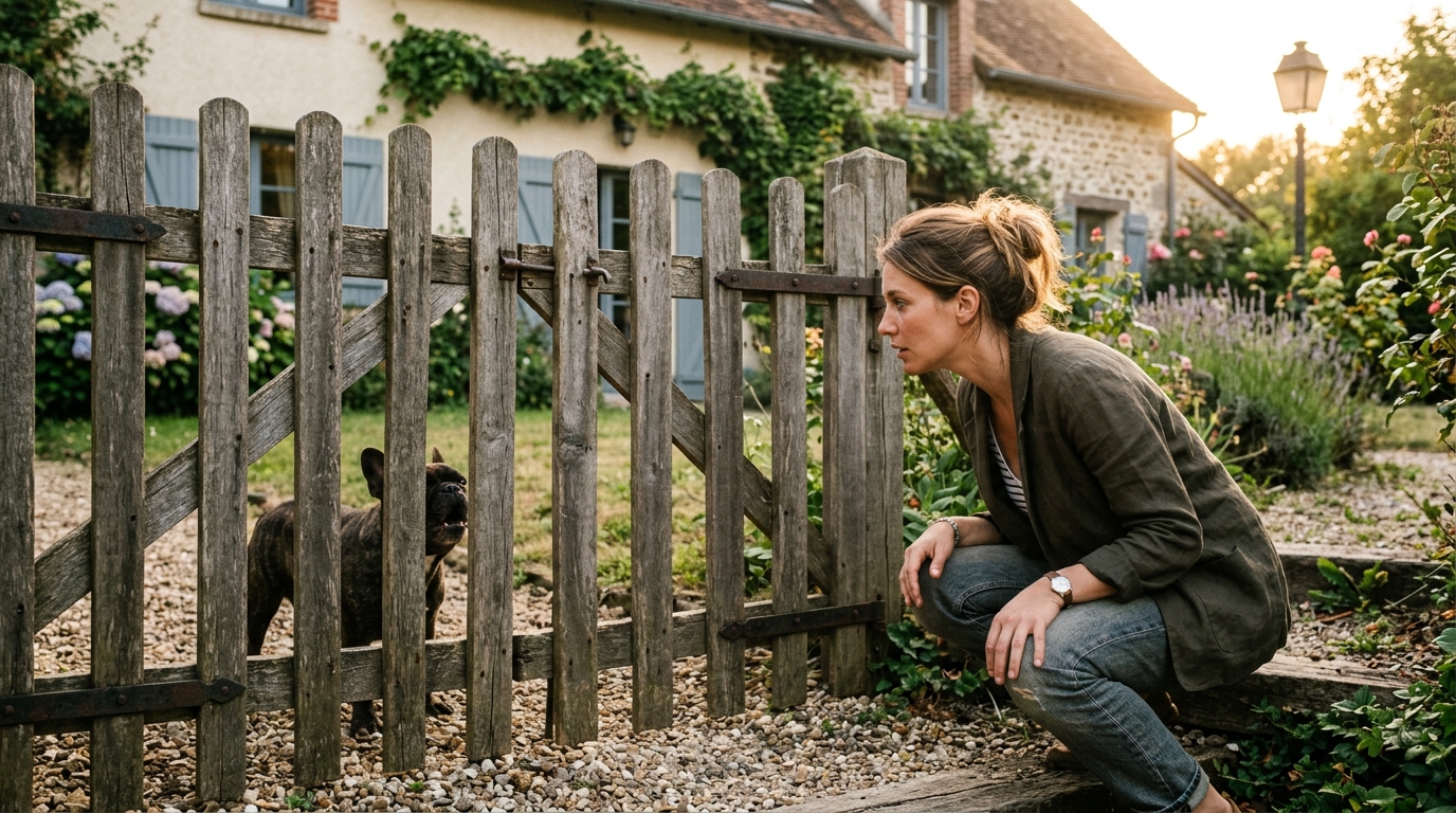 Femme prudente face à un chien qui grogne derrière un portail