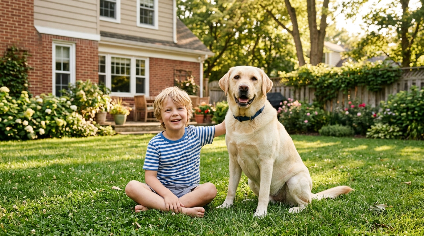 Labrador calme aux côtés d'un enfant souriant dans un jardin