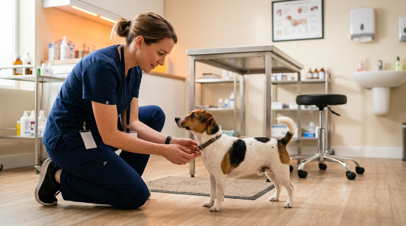 Vétérinaire observant le comportement d'un jack russell terrier