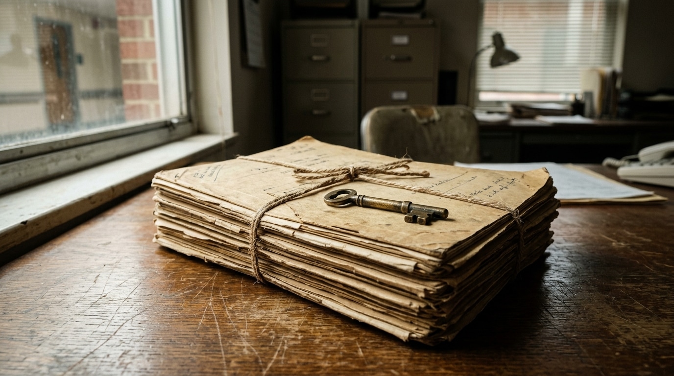 Clé ancienne posée sur des dossiers judiciaires jaunis