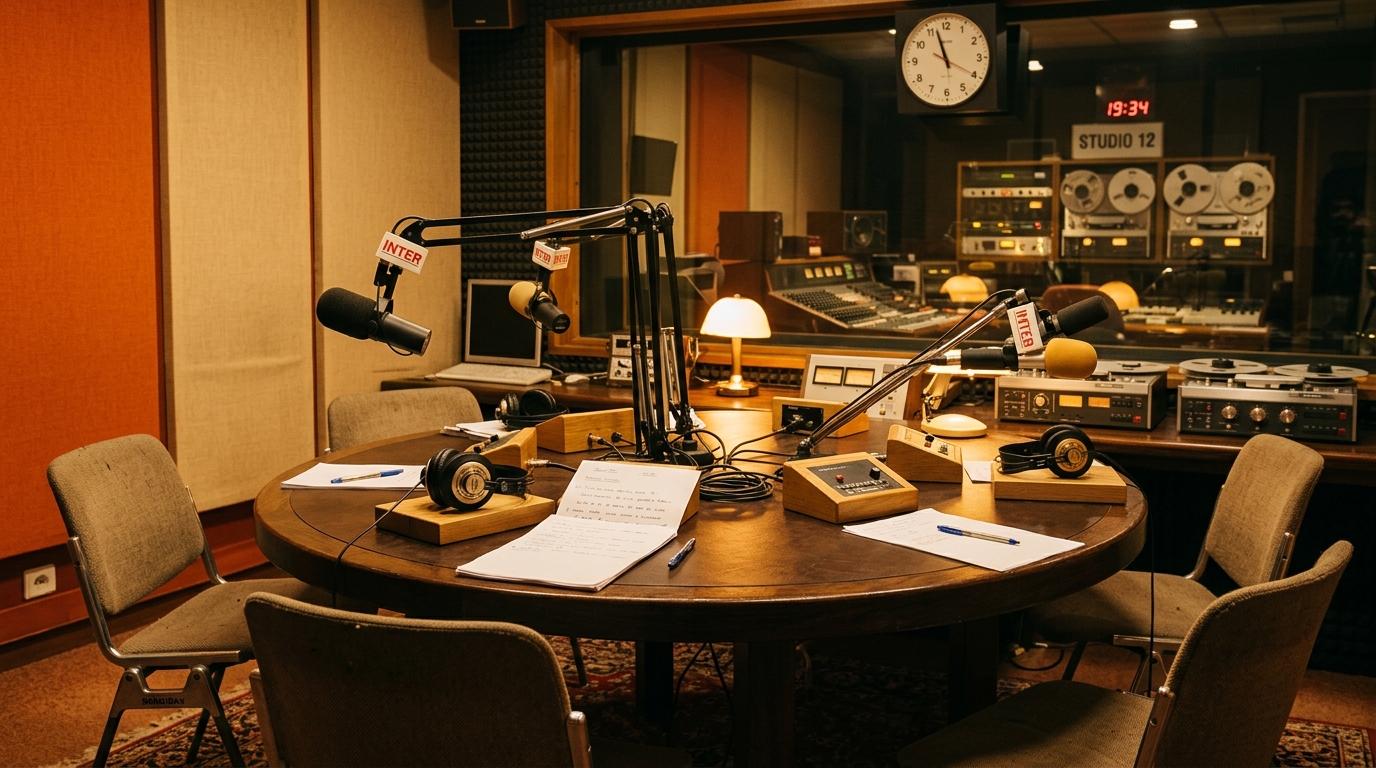 Studio de radio avec table ronde et micros, ambiance années 1980