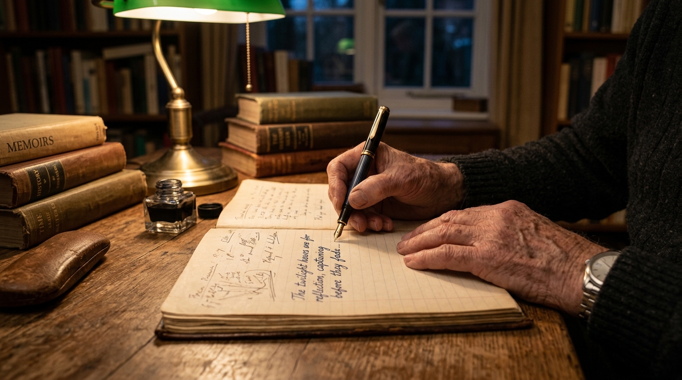 Main âgée écrivant à la plume sur un cahier