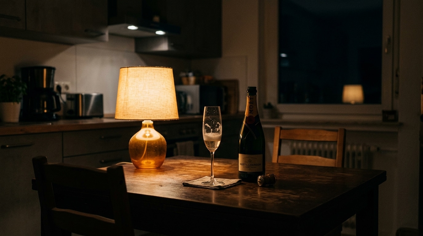 Table de cuisine la nuit avec un verre de champagne vide