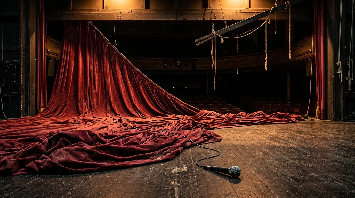 Rideau de théâtre tombant sur une scène vide