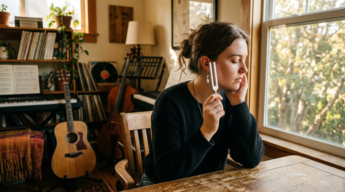 Musicien s'entraînant à l'oreille avec un diapason