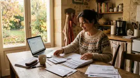 Femme triant ses contrats d'assurance à la maison