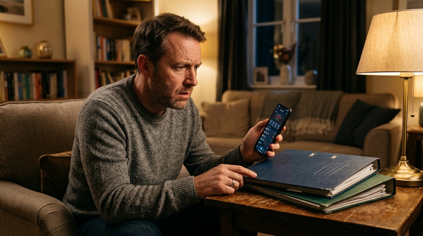Homme inquiet vérifiant un chevauchement d'assurances sur son téléphone