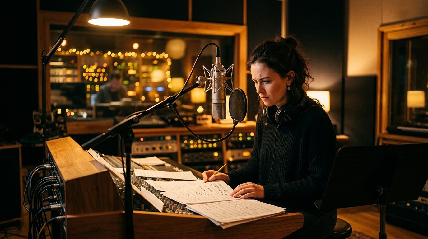 Chanteuse concentrée en studio d'enregistrement doré