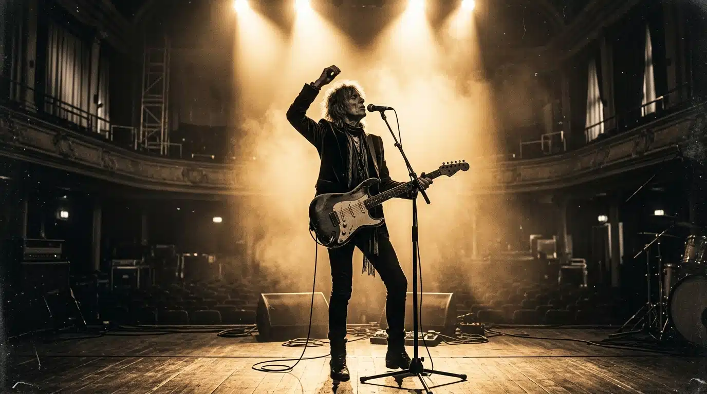 Ambiance dorée nostalgique d'une scène de concert vintage