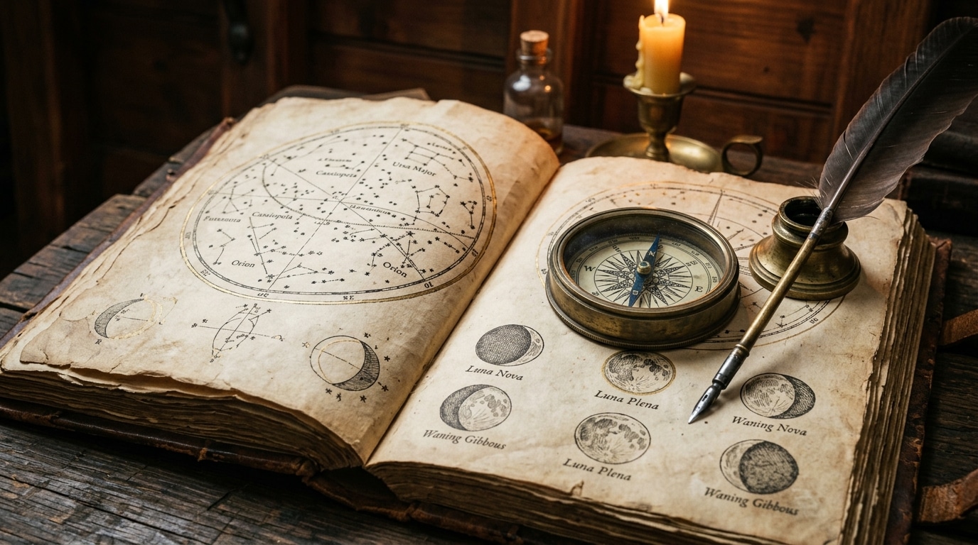 Livre d'astronomie ancien ouvert avec compas nautique