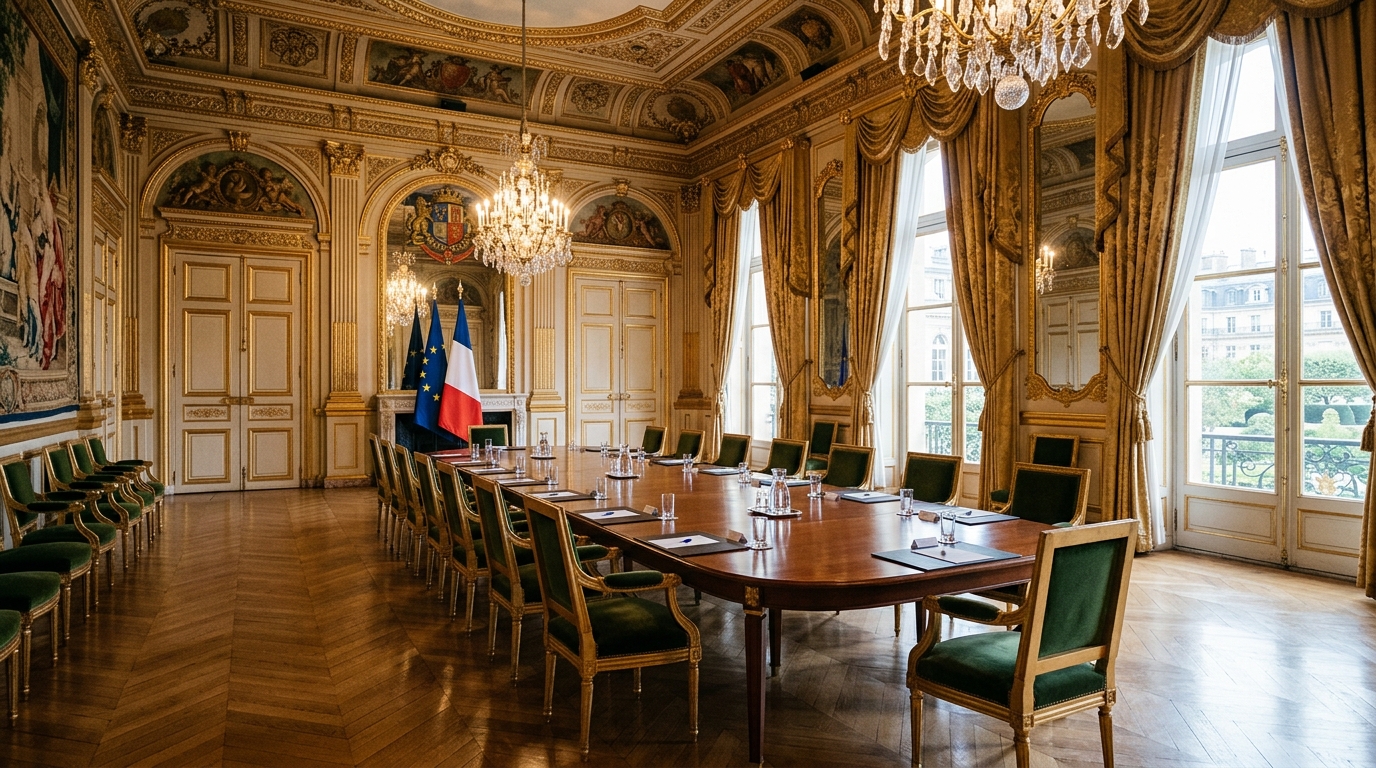 Salle de réunion vide avec drapeaux français en fond